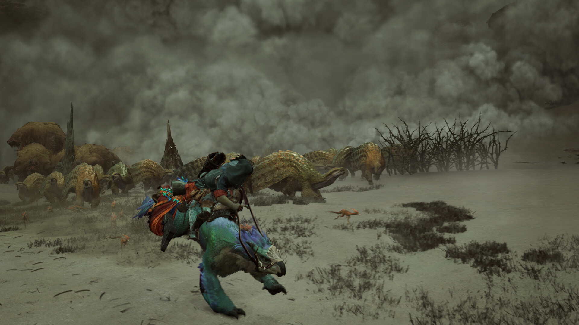 Un chasseur fuit une tempête de poussière dans Monster Hunter Wilds.