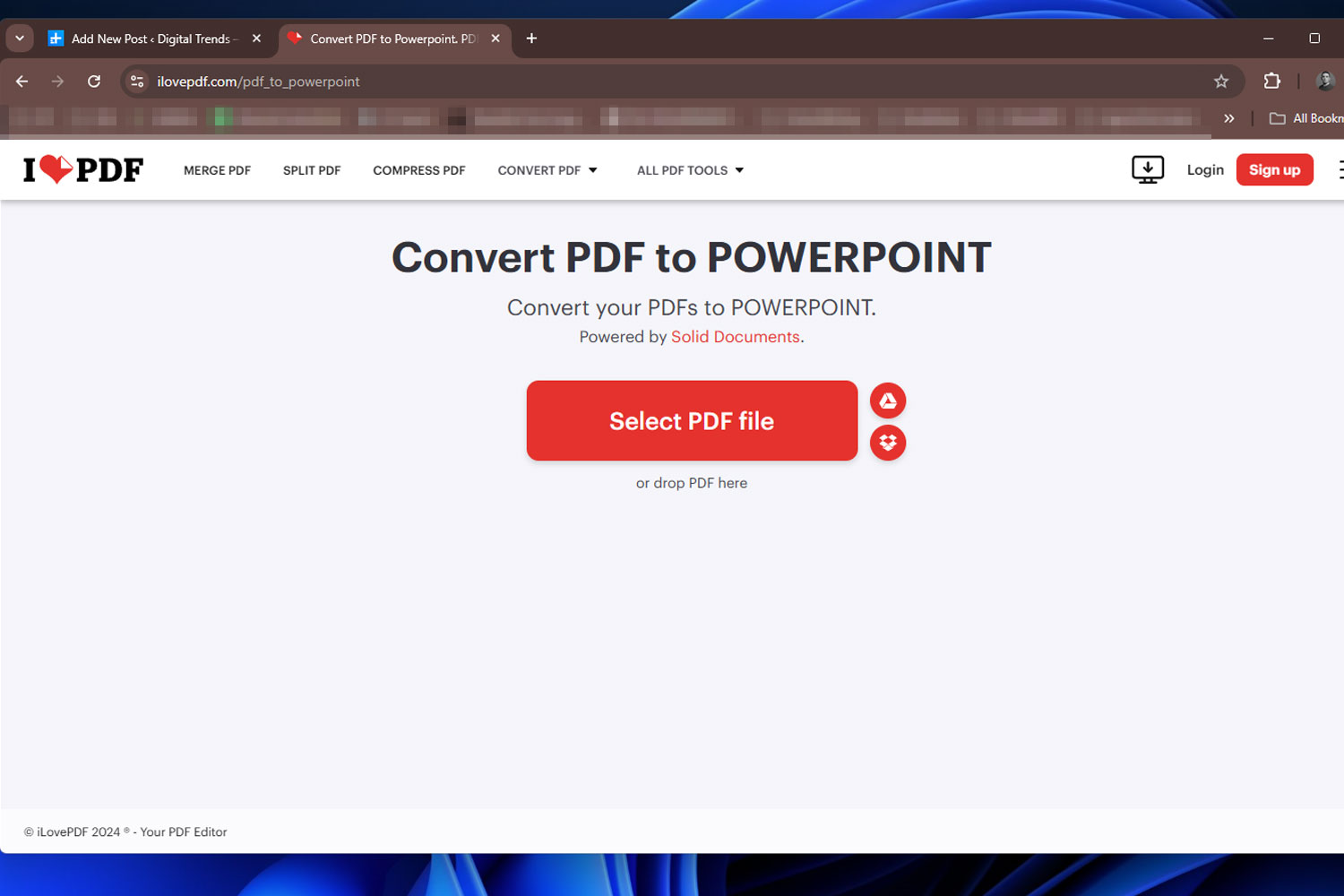 Page de conversion ILovePDF.