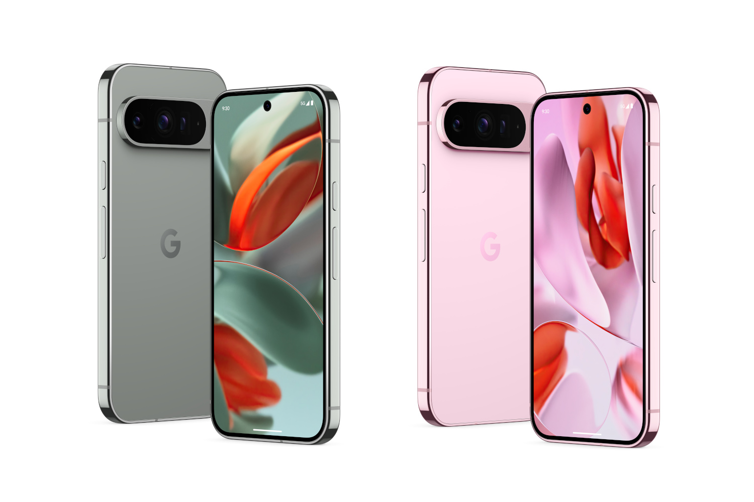 Dois modelos Pixel 9 Pro em verde e rosa.