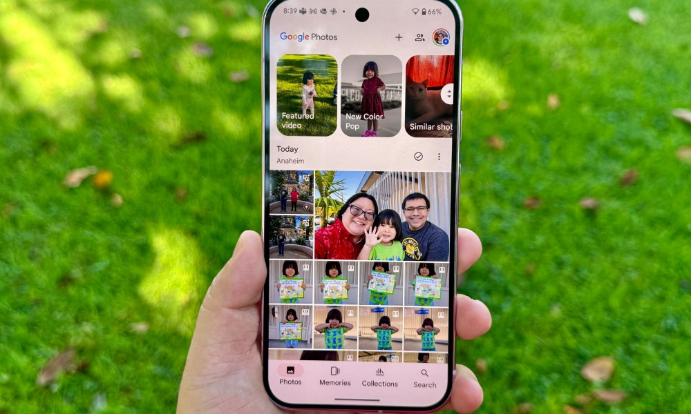 Pixel 9 Pro in Rose Quartz showing Google Photos.