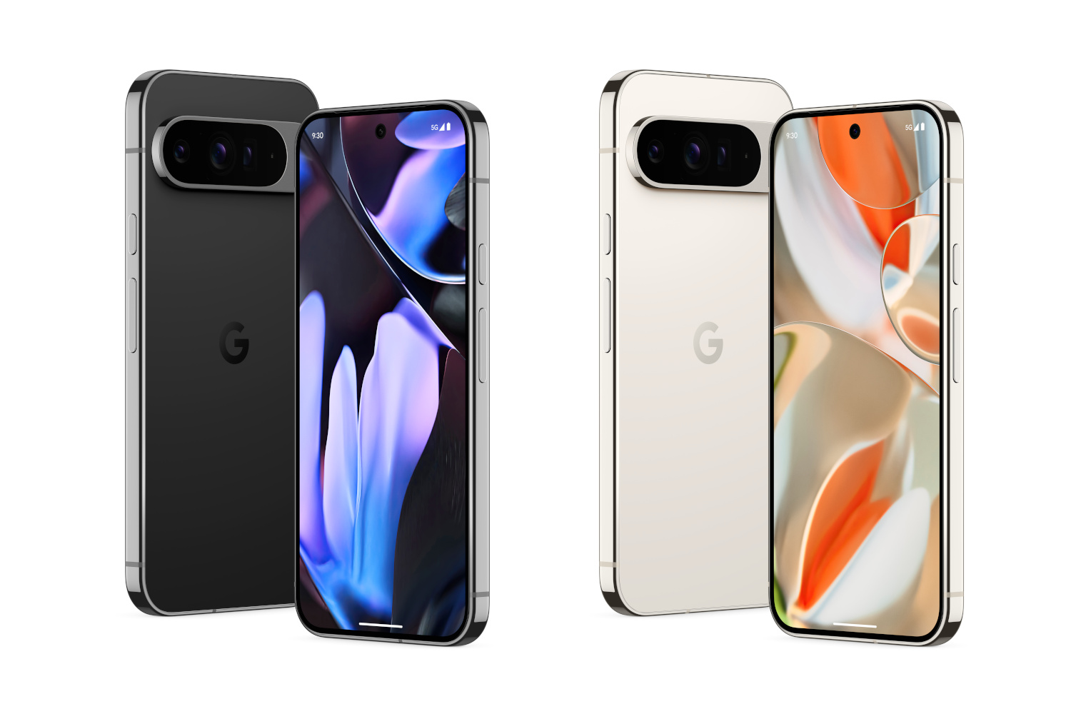 Dois modelos Pixel 9 Pro XL em preto e branco.