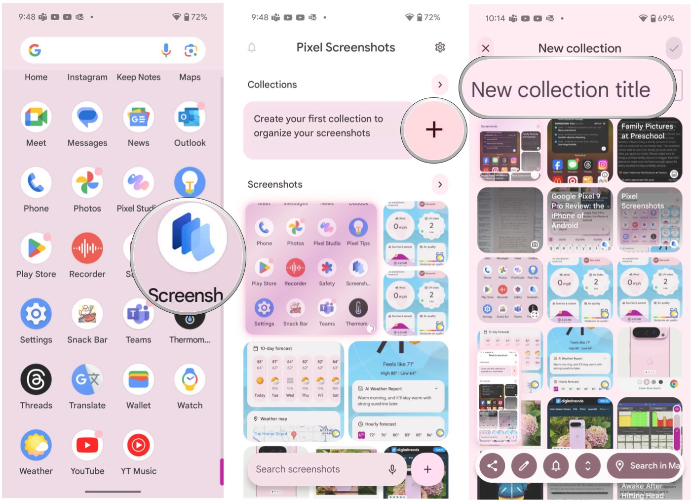 Launch Screenshots on Pixel 9, select Add New under Collections, then enter the name of the collection.