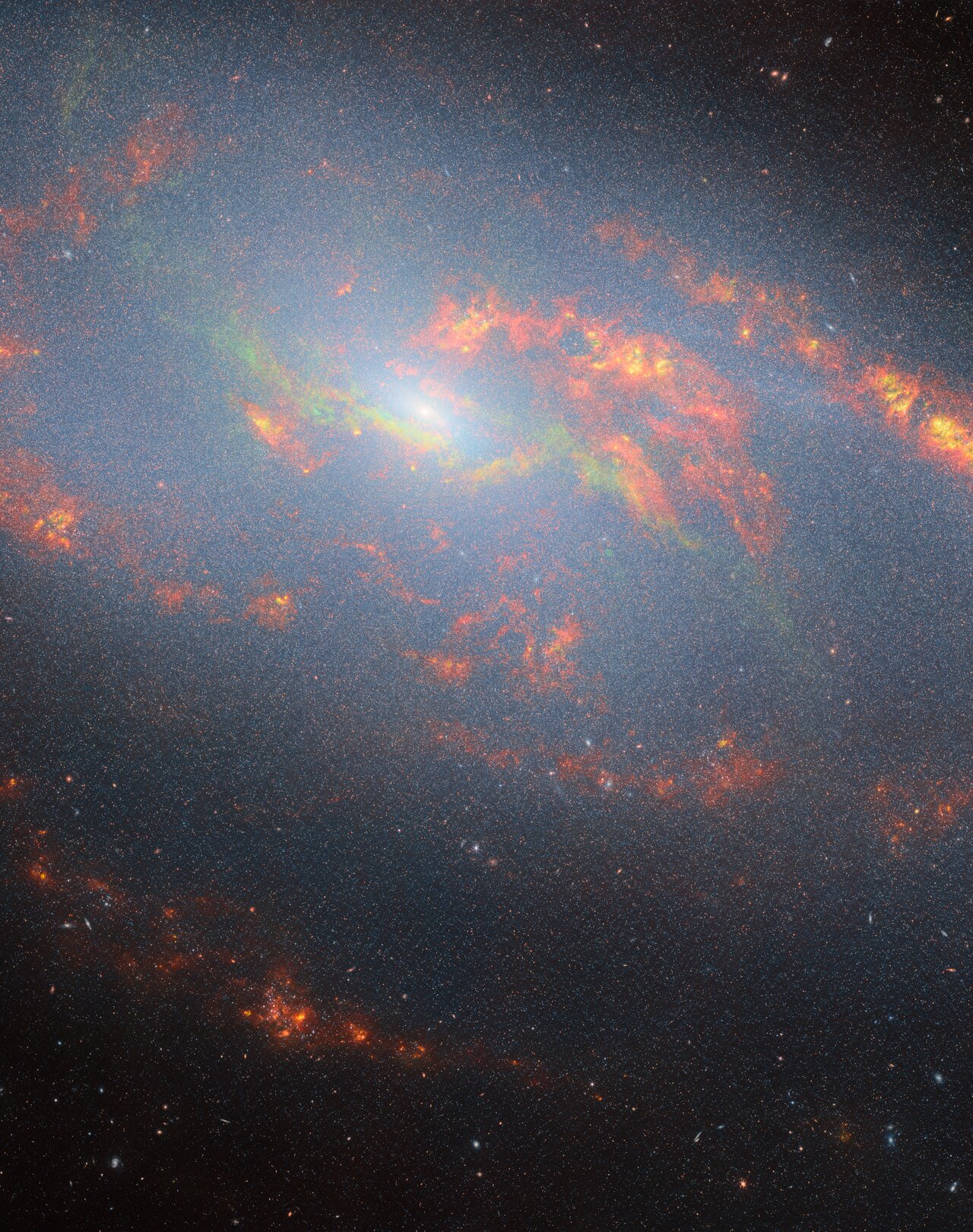 Em destaque nesta nova imagem do Telescópio Espacial James Webb da NASA/ESA/CSA está Messier 106, também conhecida como NGC 4258. Esta é uma galáxia espiral próxima que reside a cerca de 23 milhões de anos-luz de distância na constelação de Canes Venatici, praticamente uma vizinha. pelos padrões cósmicos. Messier 106 é uma das galáxias espirais mais brilhantes e mais próximas da nossa e duas supernovas foram observadas nesta galáxia em 1981 e 2014.