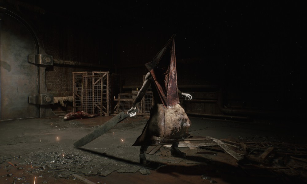 Pyramid Head wields a weapon in Silent Hill 2.