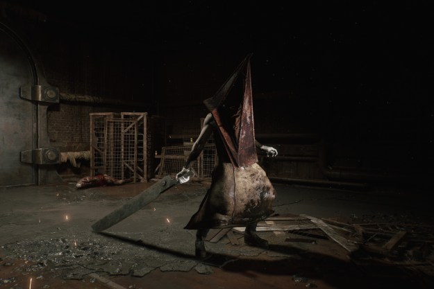 Pyramid Head wields a weapon in Silent Hill 2.