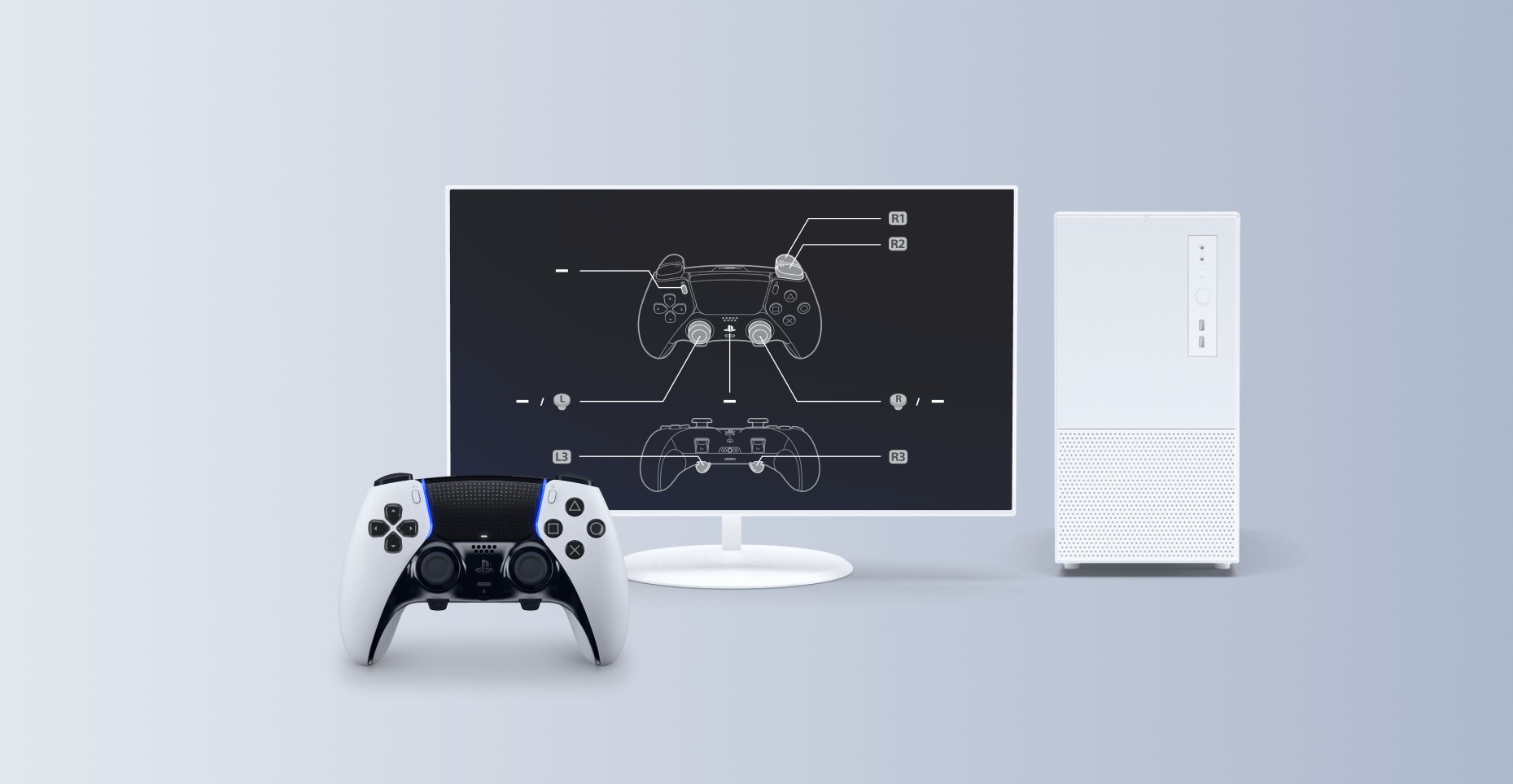 The Sony PlayStation Accessories app runs on a monitor with a DualSense Edge controller.