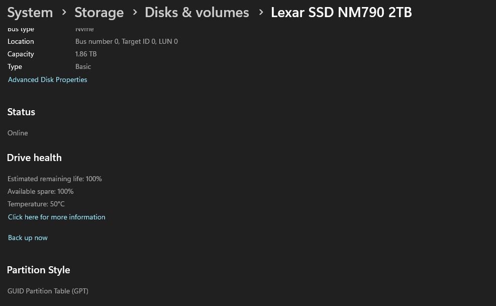 Storage settings in Windows 11.