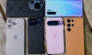 A photo showing the back of the Apple iPhone 15 Pro Max, Huawei Pura 70 Ultra, Google Pixel 3a, Google Pixel 9 Pro, Huawei P30 Pro, and the Samsung Galaxy S24 Ultra.