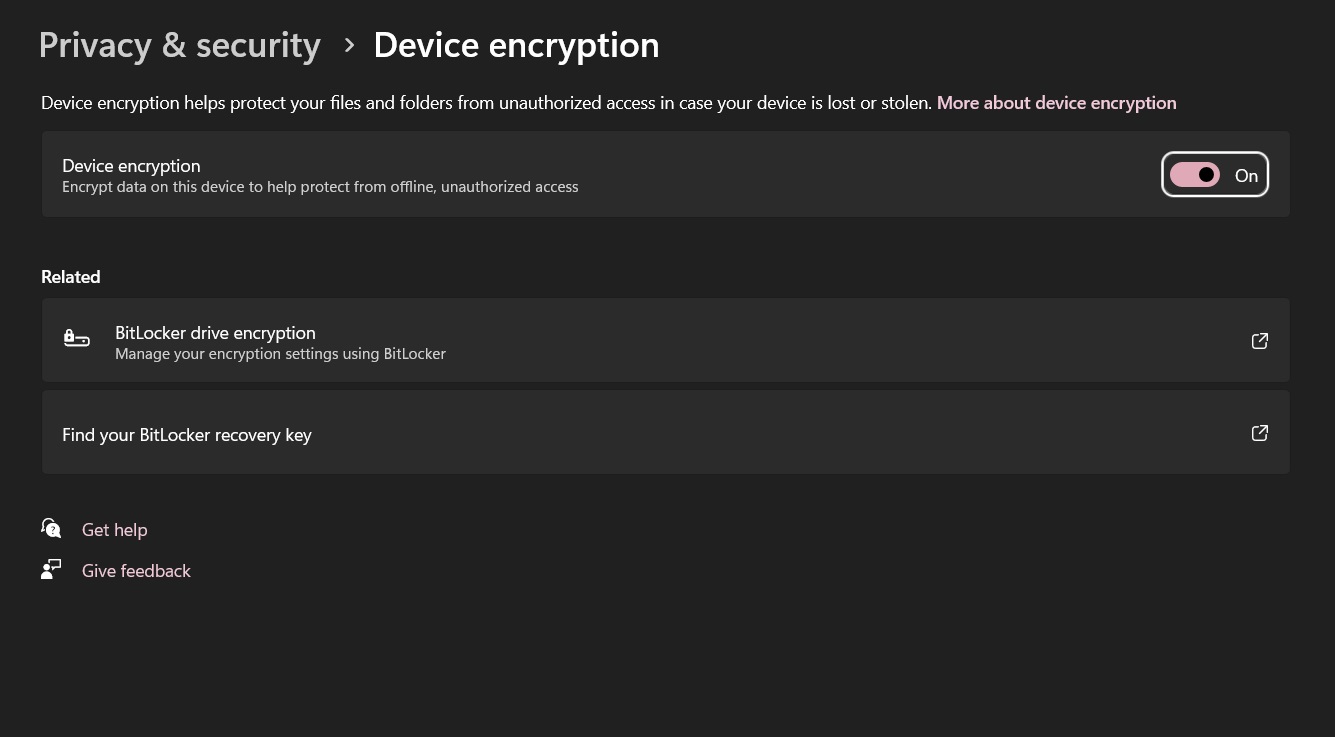 Device encryption settings on Windows 11.