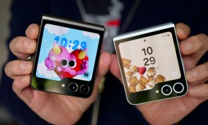 A person holding the Samsung Galaxy Z Flip 6 and Samsung Galaxy Z Flip 5 showing the cover screens.