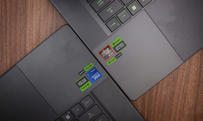 AMD and Intel logos next to each other on gaming laptops.