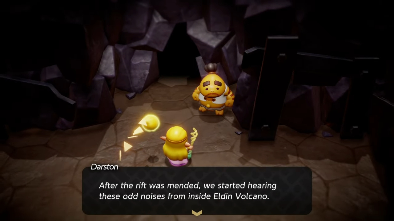 Zelda conversando com um goron em Echoes of Wisdom