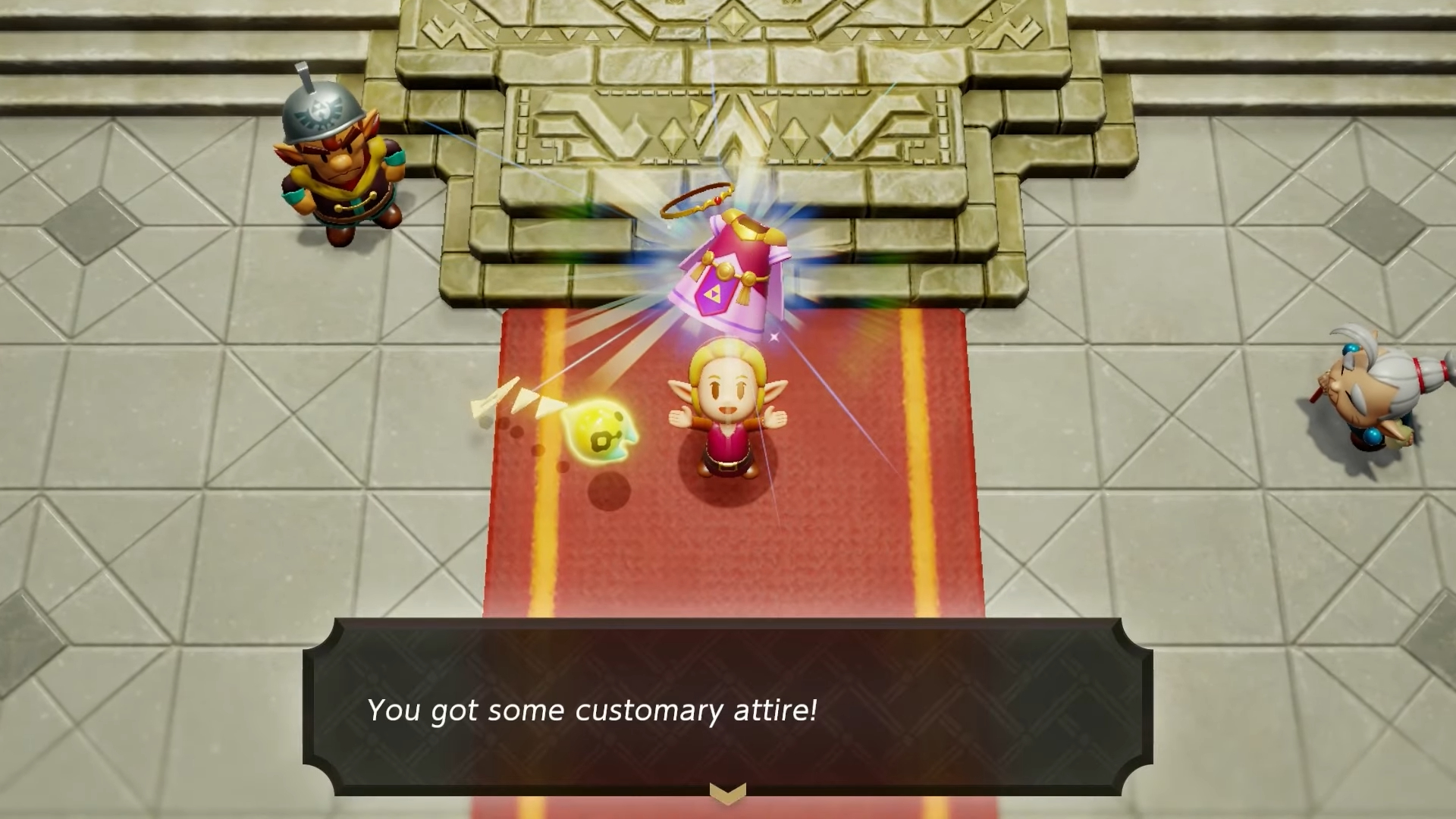 Zelda recebendo o traje habitual em Echoes of Wisdom.