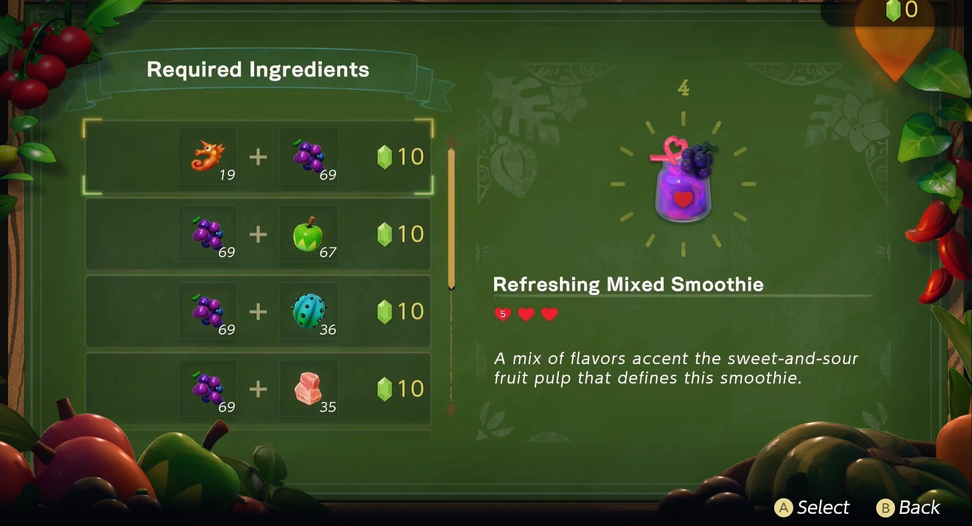 La liste des recettes de smoothies dans Echoes of Wisdom.