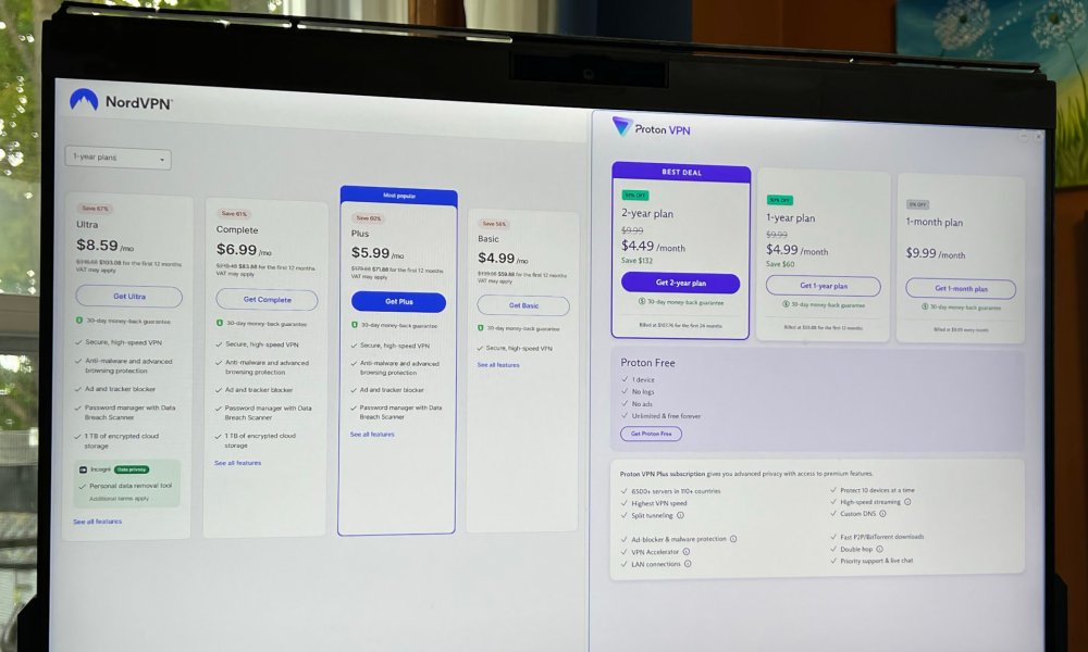 A PC monitor shows NordVPN and Proton VPN pricing in a split-screen.