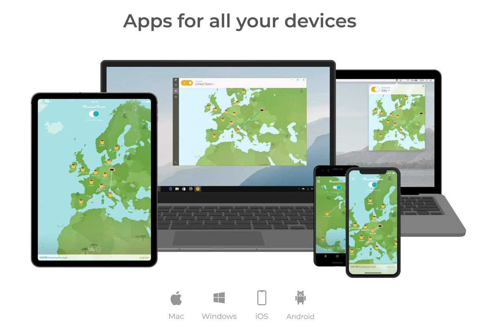 A TunnelBear graphic shows the app open on multiple devices.