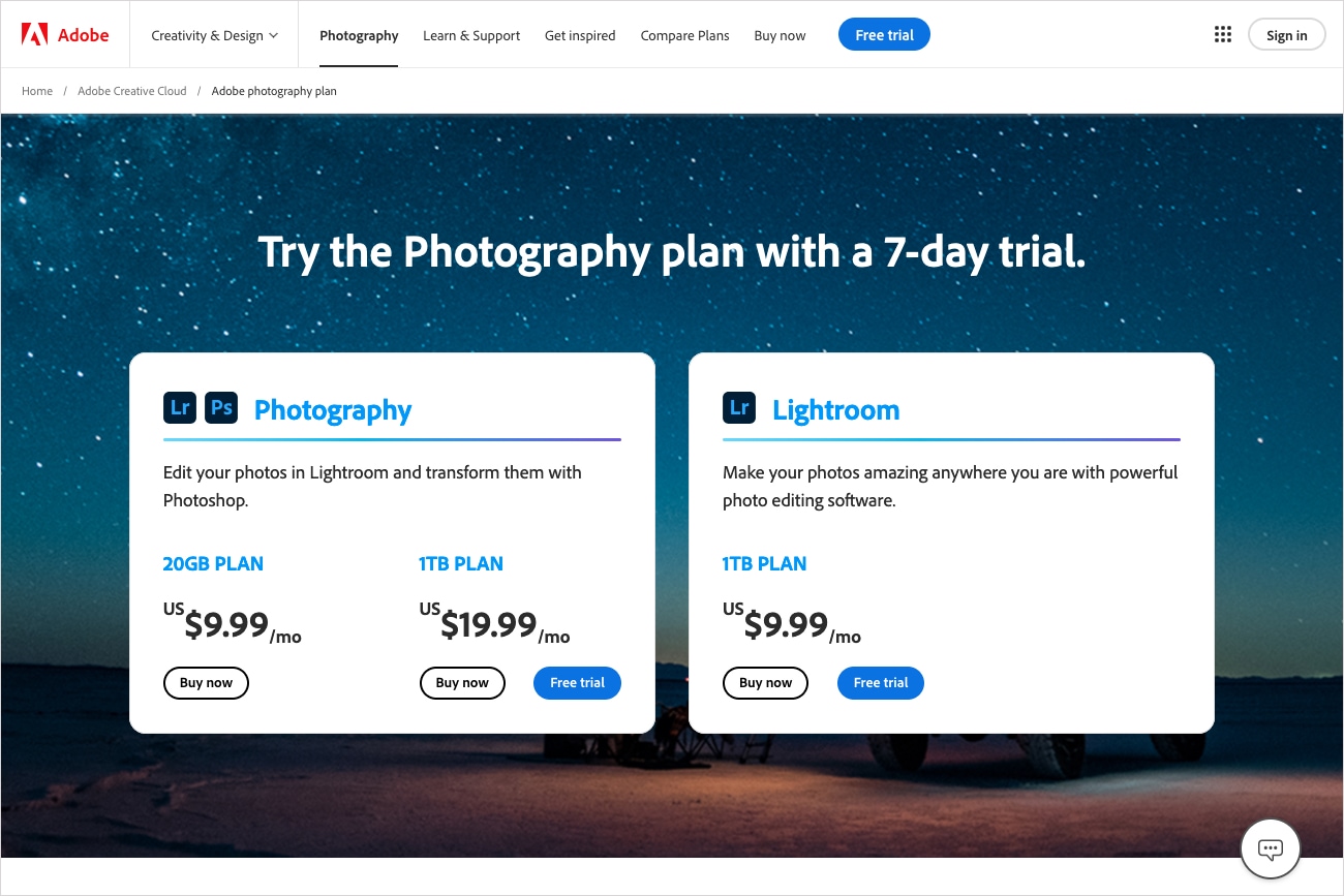 Adobe Photography plans