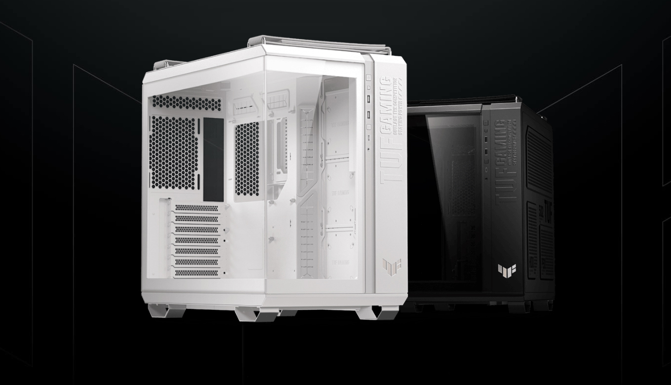 Le meuble Asus TUF Gaming GT502 Horizon en blanc et noir.