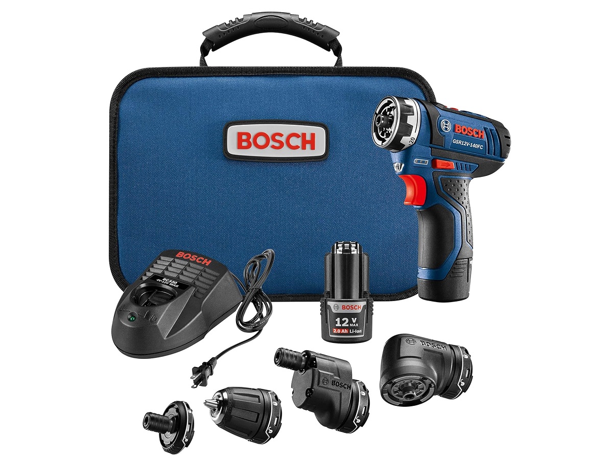 El contenido del kit de destornillador Flexiclick inalámbrico de 12 V de Bosch.