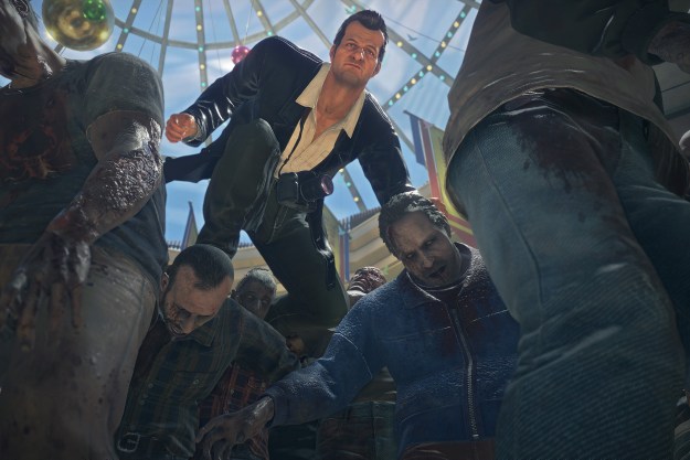 Frank West leaps over zombies in Dead Rising Deluxe Remaster.