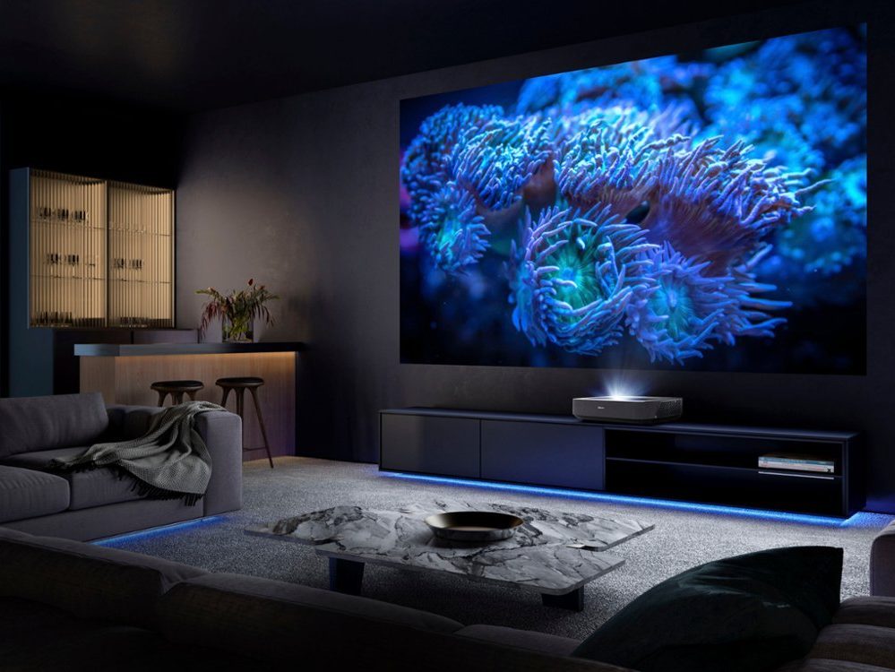 Hisense PL1 X-Fusion Laser Projector used to create screen on wall