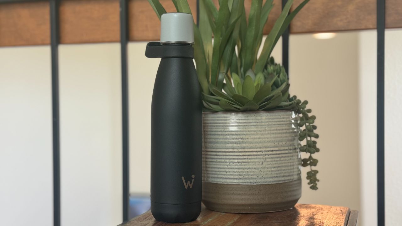 The Water.io water bottle on a tble.