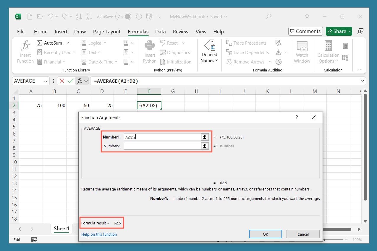 Für eine Formel in Excel hinzugefügte Werte.