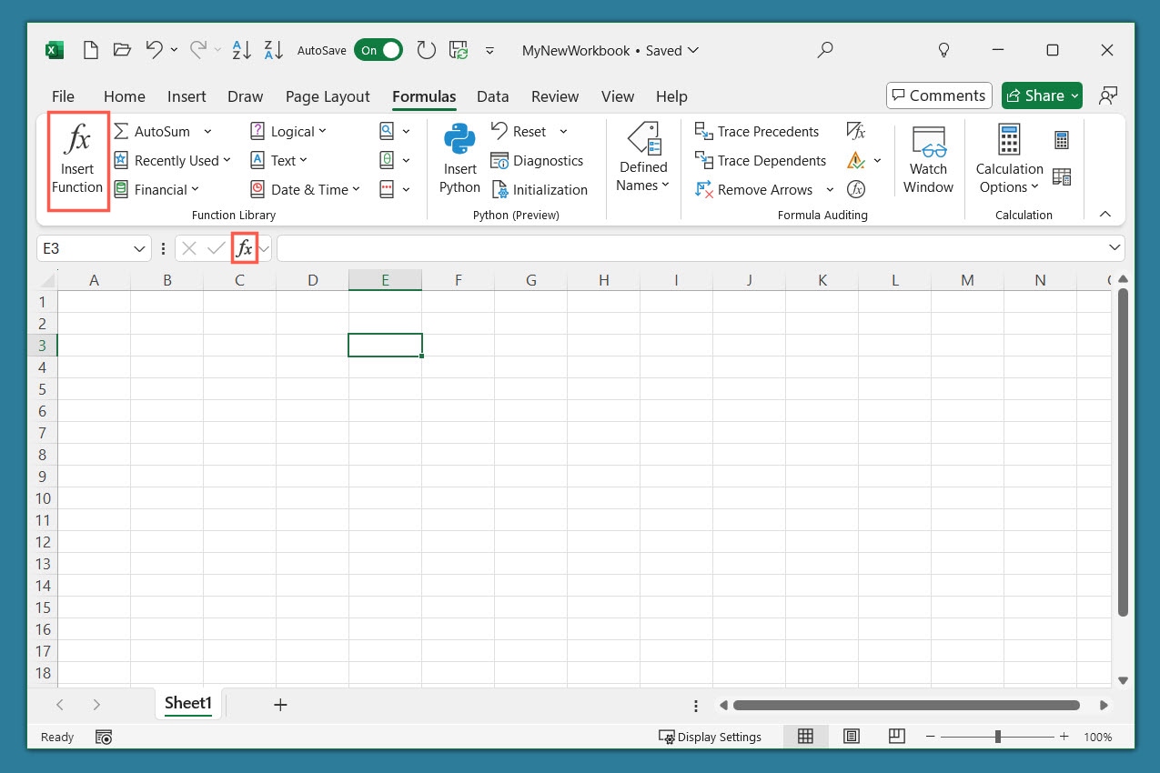 Schaltfläche „Funktion einfügen“ in Excel.