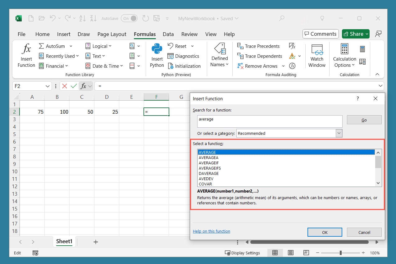 Función seleccionada en Excel.