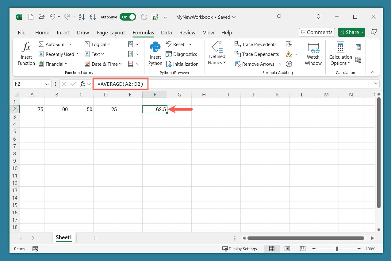 Función y fórmula ingresadas en Excel.