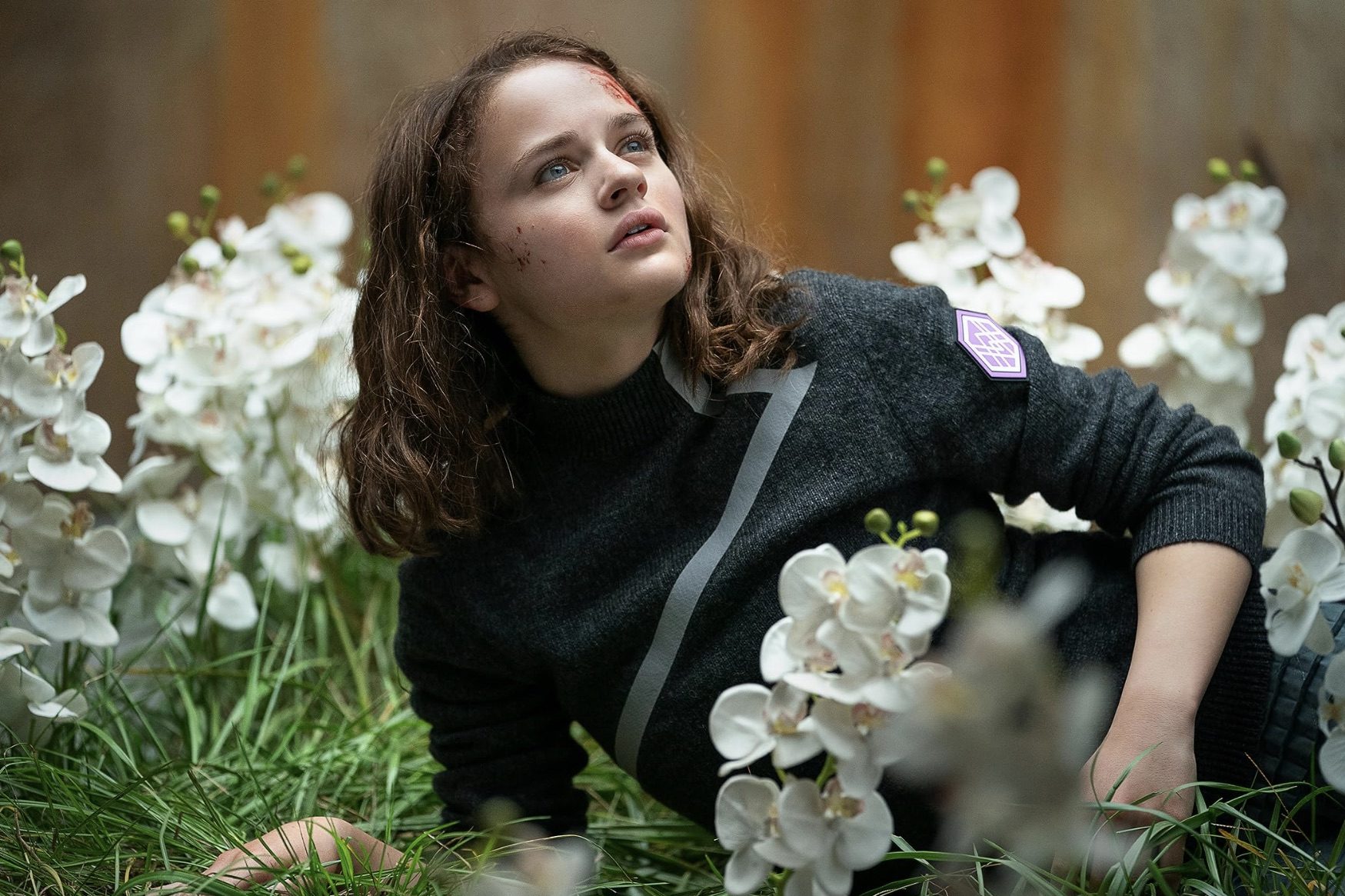 A girl sits in a field of flowers.