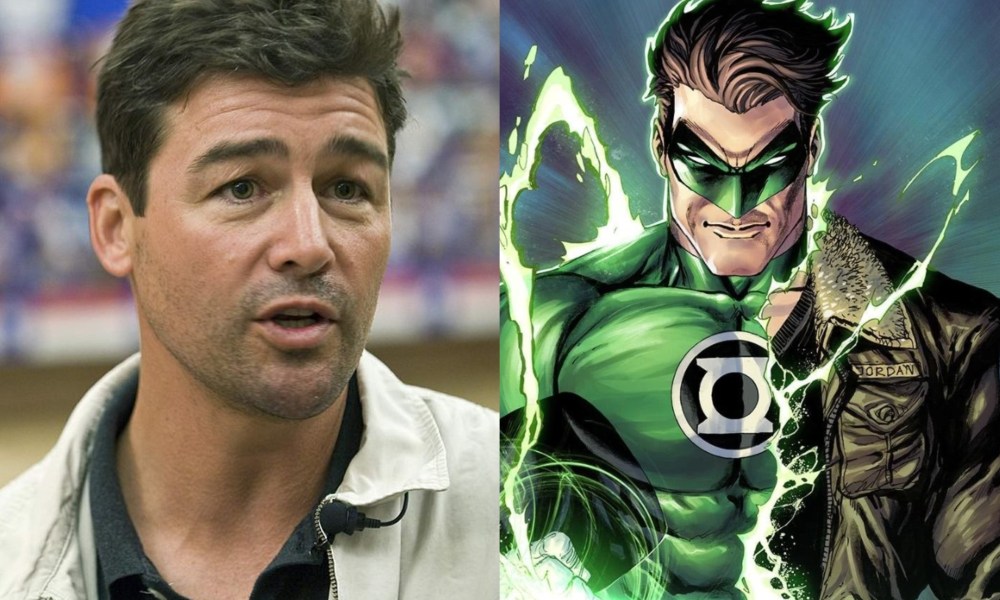 Kyle Chandler stares on the left with a picture of the Green Lantern on the right.