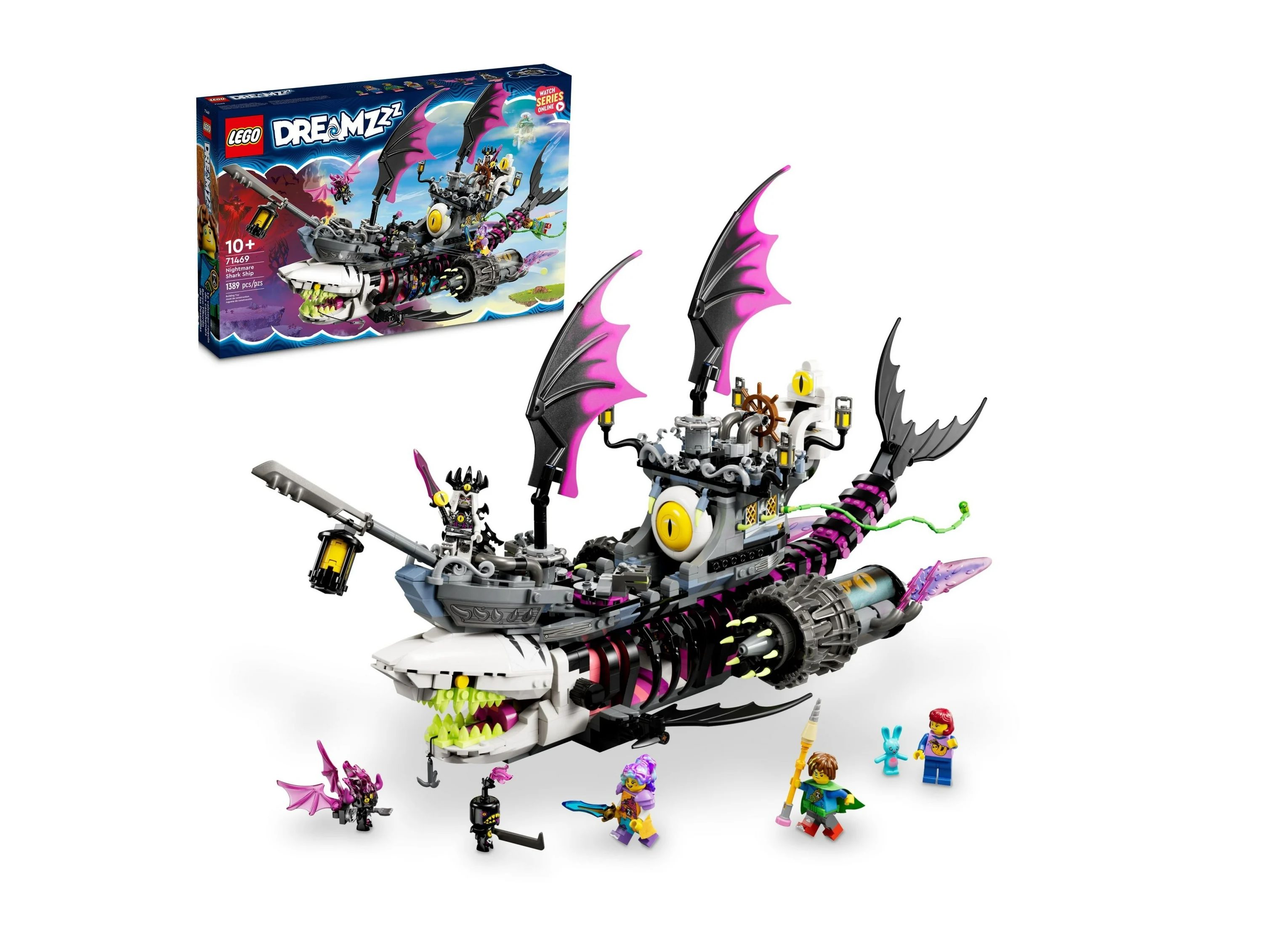 O conjunto Lego DREAMZzz Nightmare Shark Ship com sua caixa ao fundo.