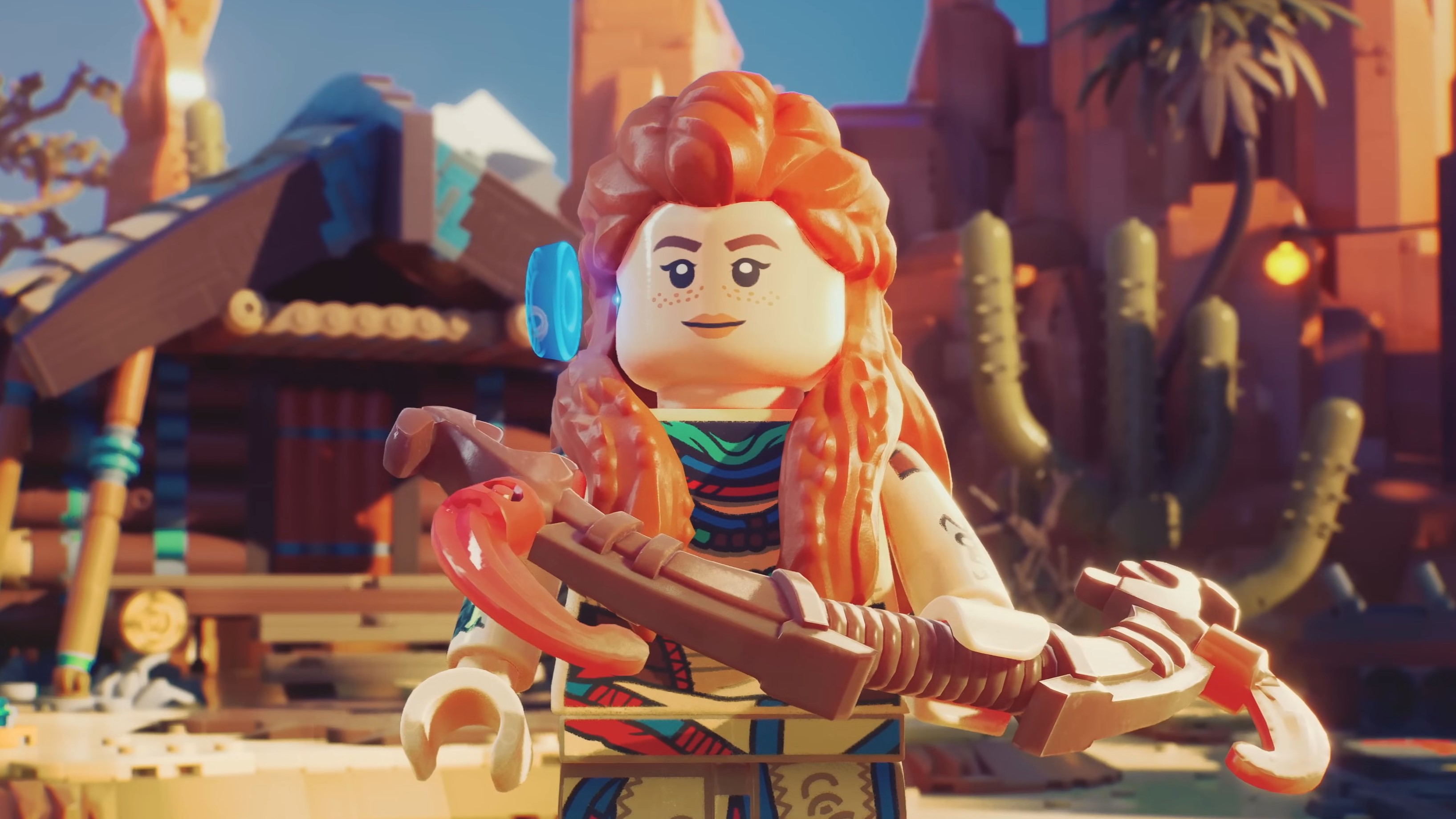 Aloy segura um arco em Lego Horizon Adventures.