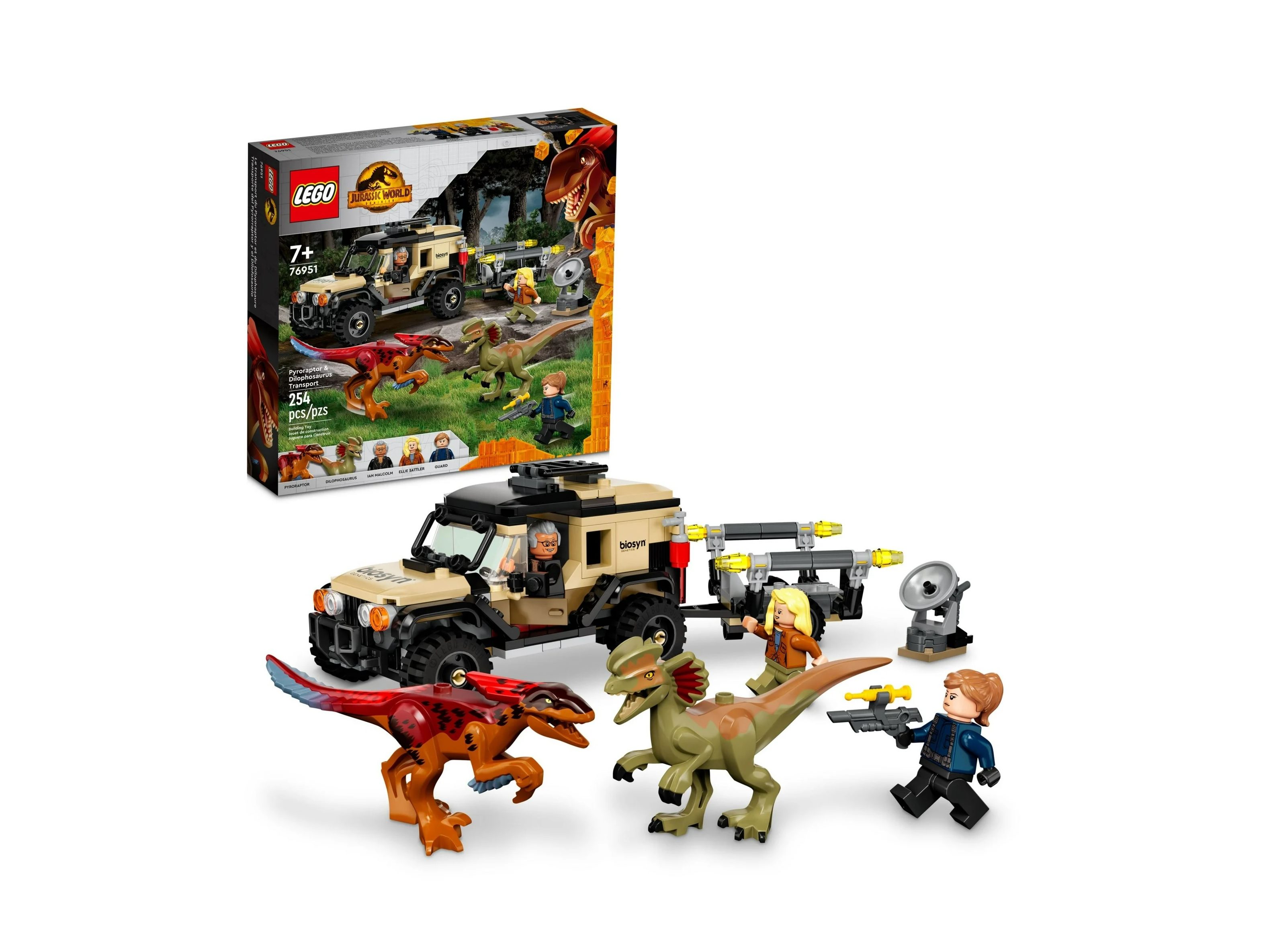 O conteúdo completo de um Lego Jurassic World Dominion colocado ao lado de sua caixa.