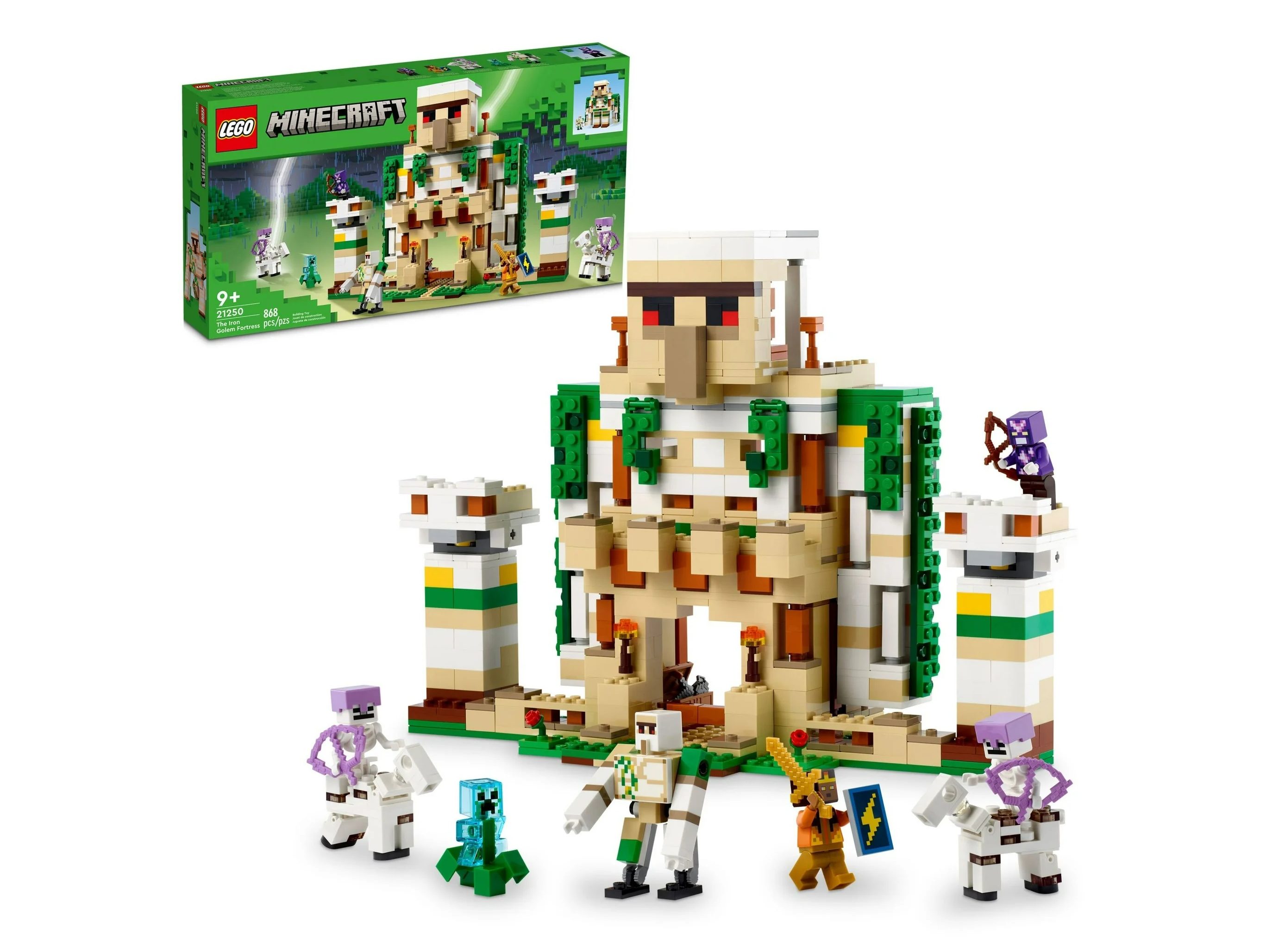 Uma vista do conjunto Lego Minecraft The Iron Golem Fortress com sua caixa ao fundo.