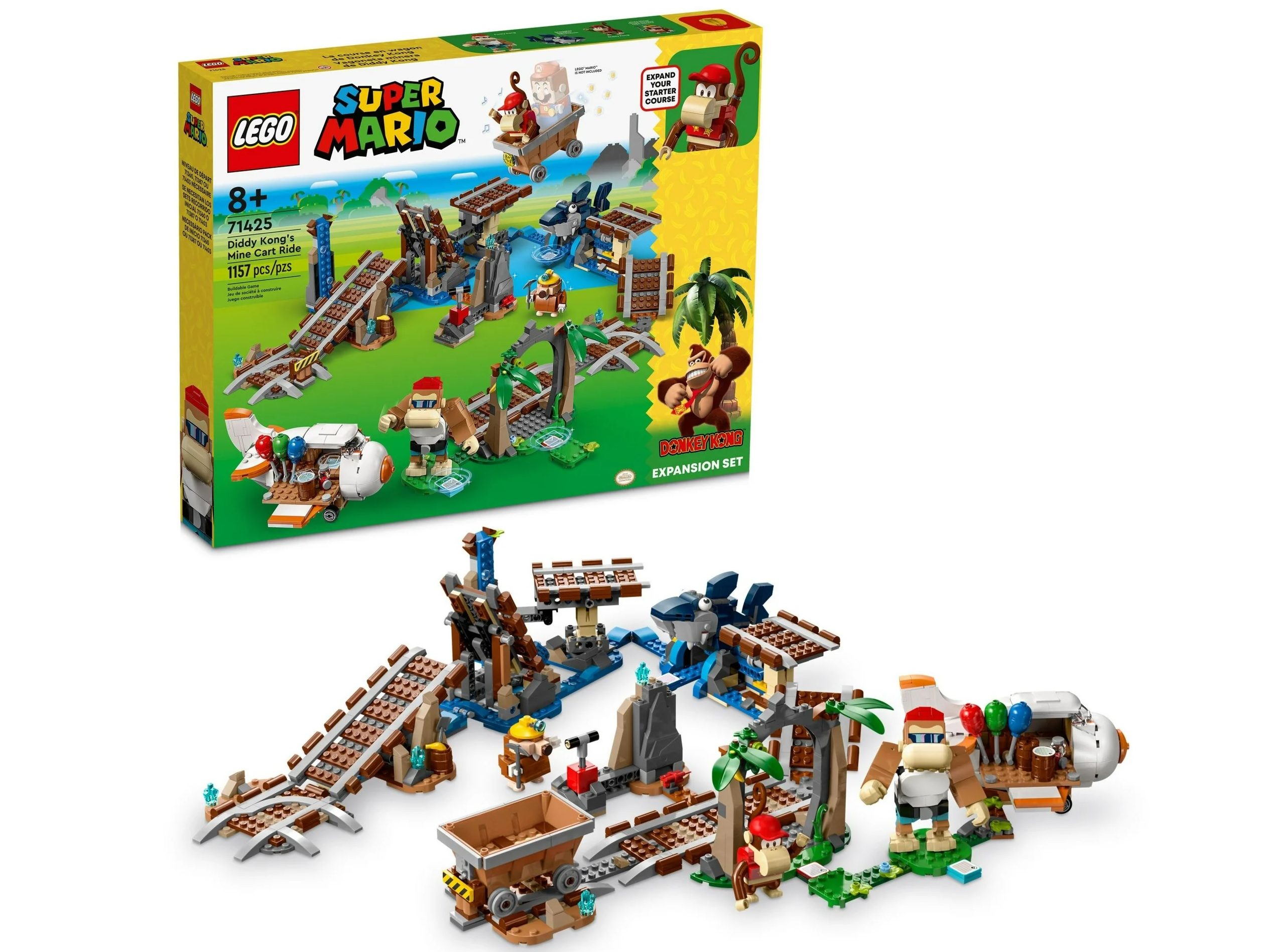 Das Lego Super Mario Diddy Kong's Mine Cart Ride-Erweiterungsset mit seiner Box im Hintergrund.