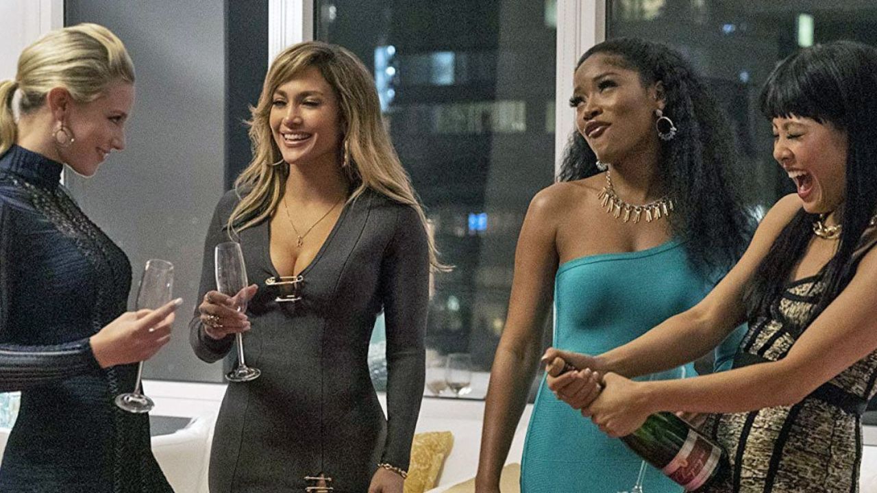 Lili Reinhart, Jennifer Lopez, Keke Palmer, and Constance Wu as Anabelle, Ramona, Mercedes, and Destiny laughing in Hustlers.