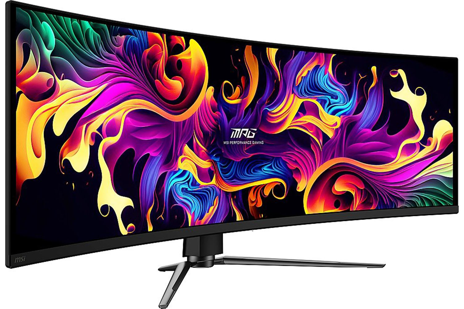 Der gebogene 49-Zoll-QD-OLED-Gaming-Monitor von MSI auf weißem Hintergrund.