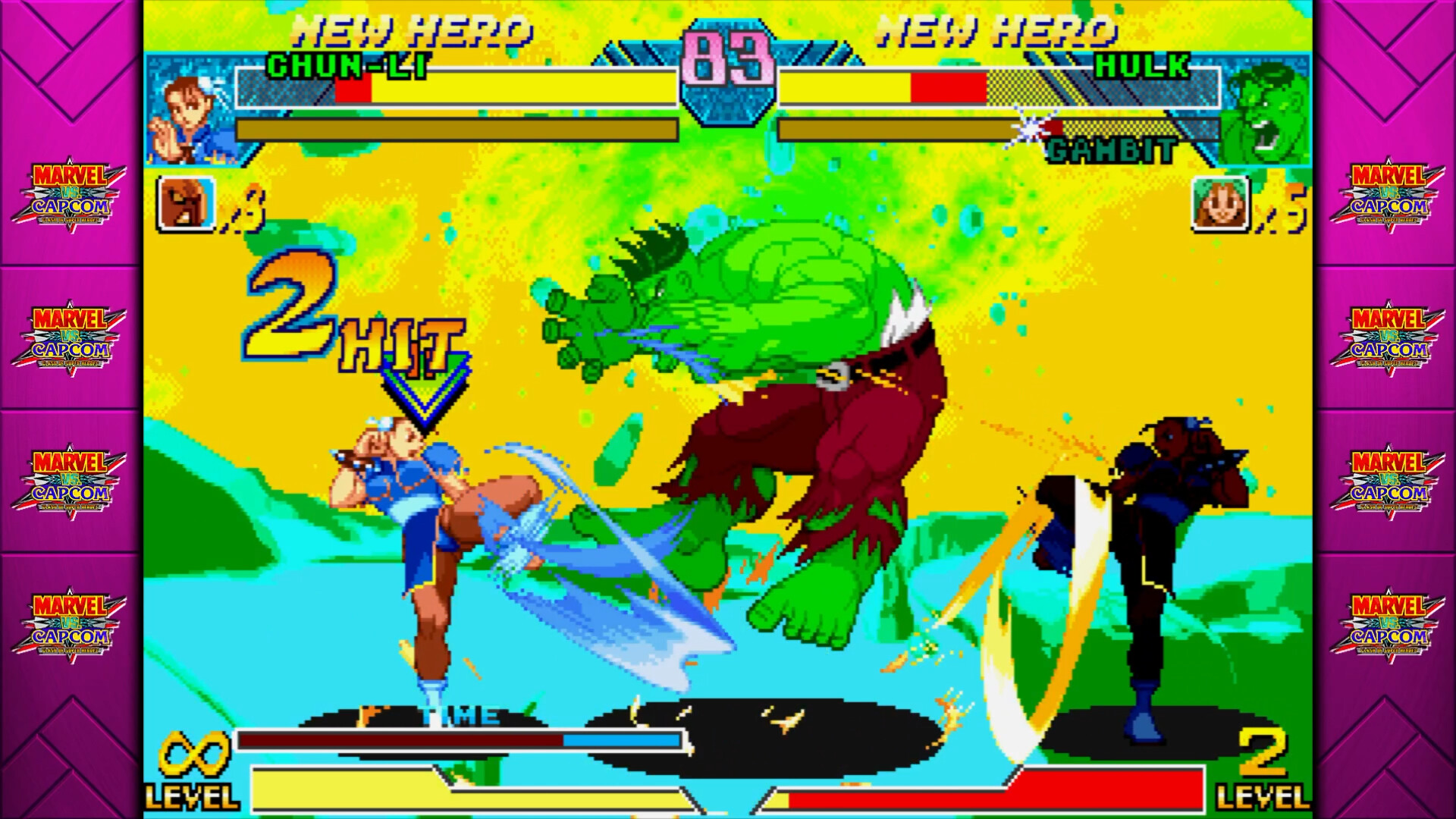 Chun-Li and Hulk fight in Marvel vs. Capcom: Clash of Super Heroes in Marvel vs. Capcom Fighting Collection: Arcade Classics.