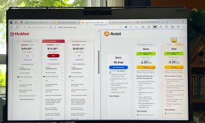 McAfee and Avast antivirus pricing appears in a split-view on a PC monitor.