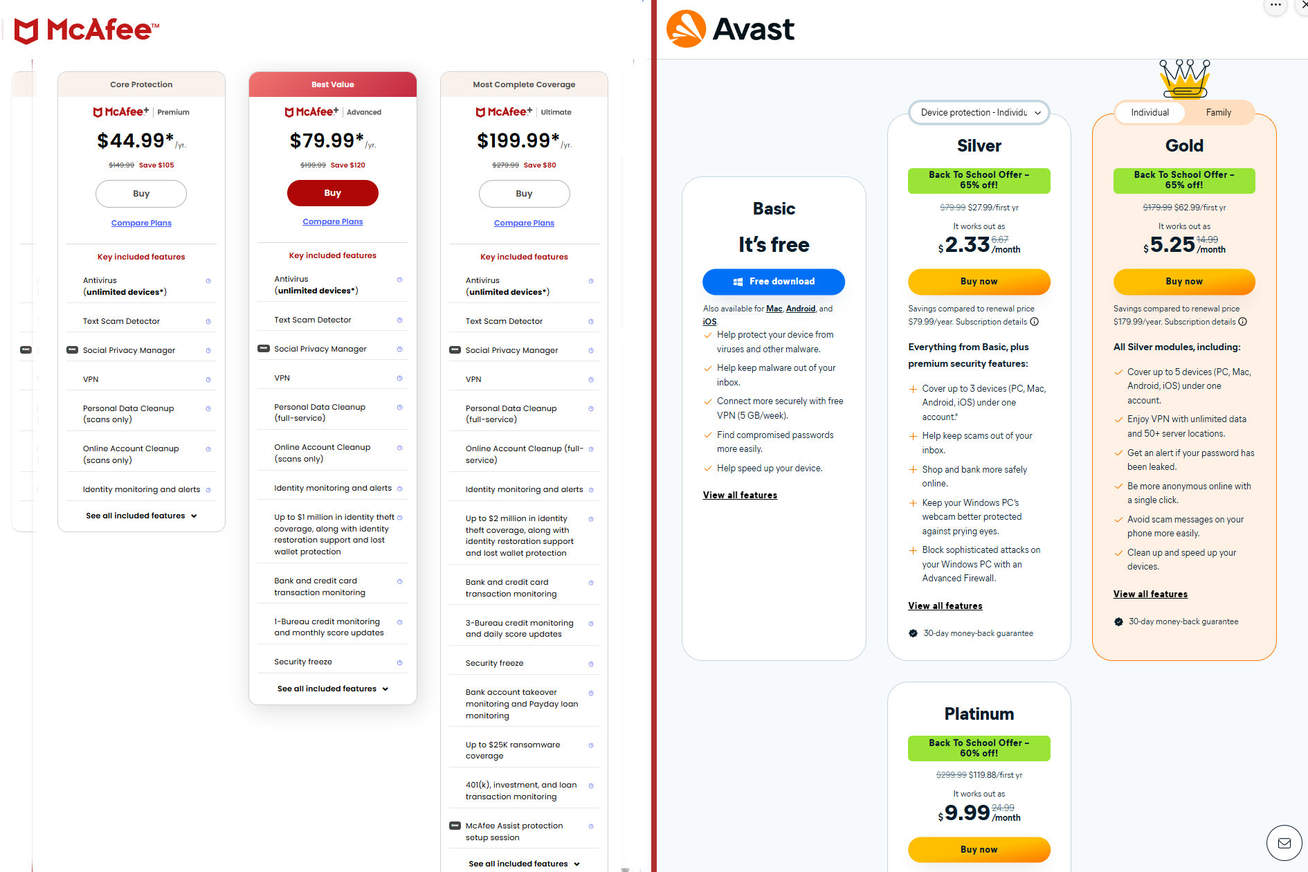 McAfee और Avast एंटीवायरस मूल्य निर्धारण एक विभाजित दृश्य में दिखाई देता है।