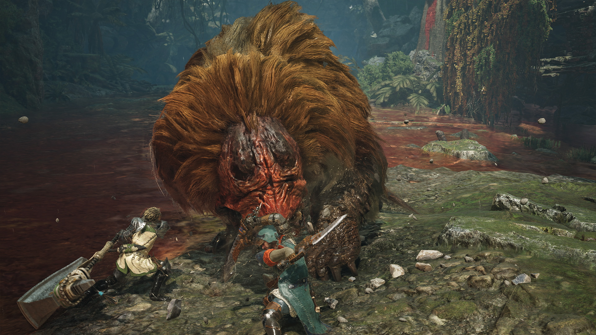 A massive furred beast rears back and attacks a sword wielding hunter in Monster Hunter Wilds.