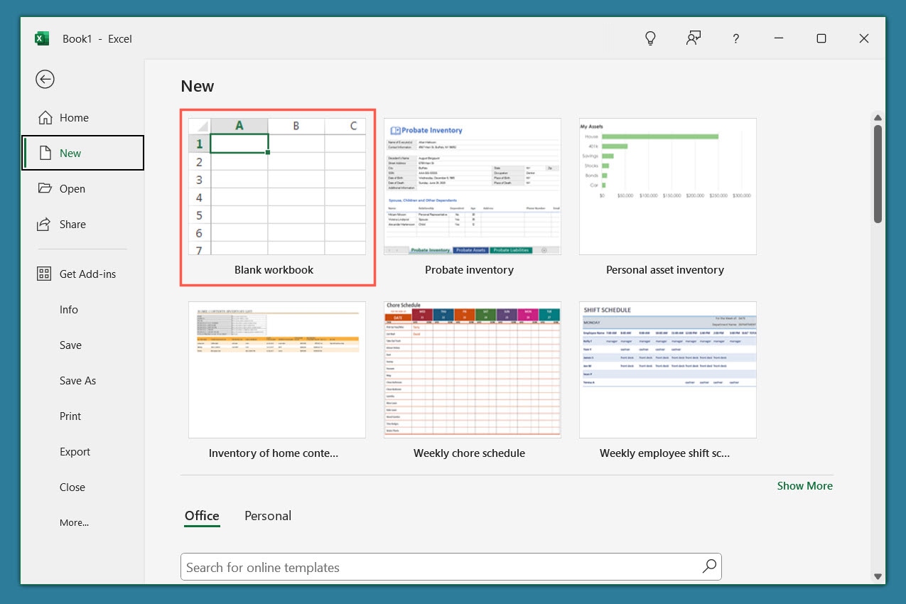 Libro en blanco en Excel.