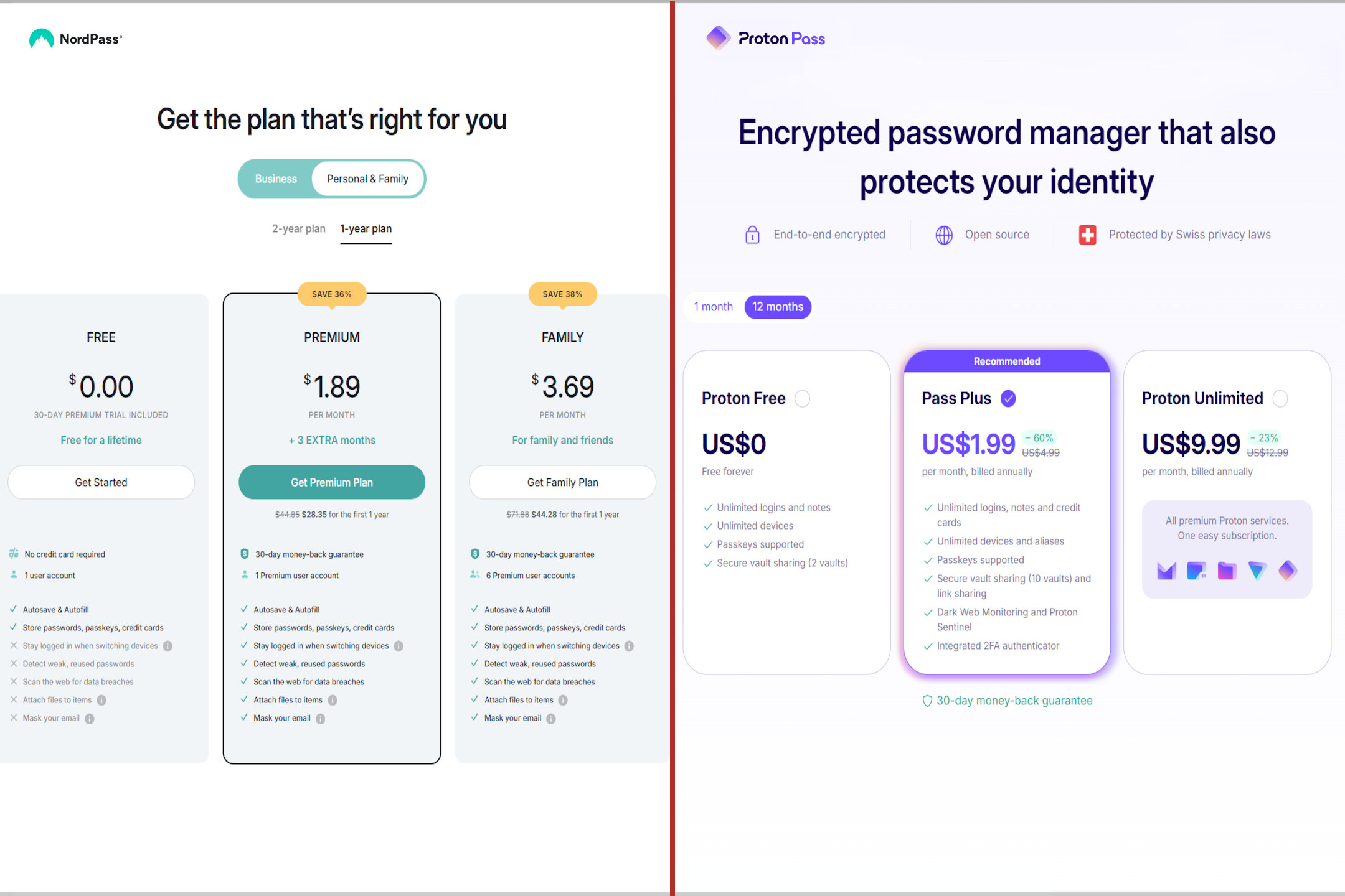 NordPass and Proton Pass pricing tiers appear in a split-view.