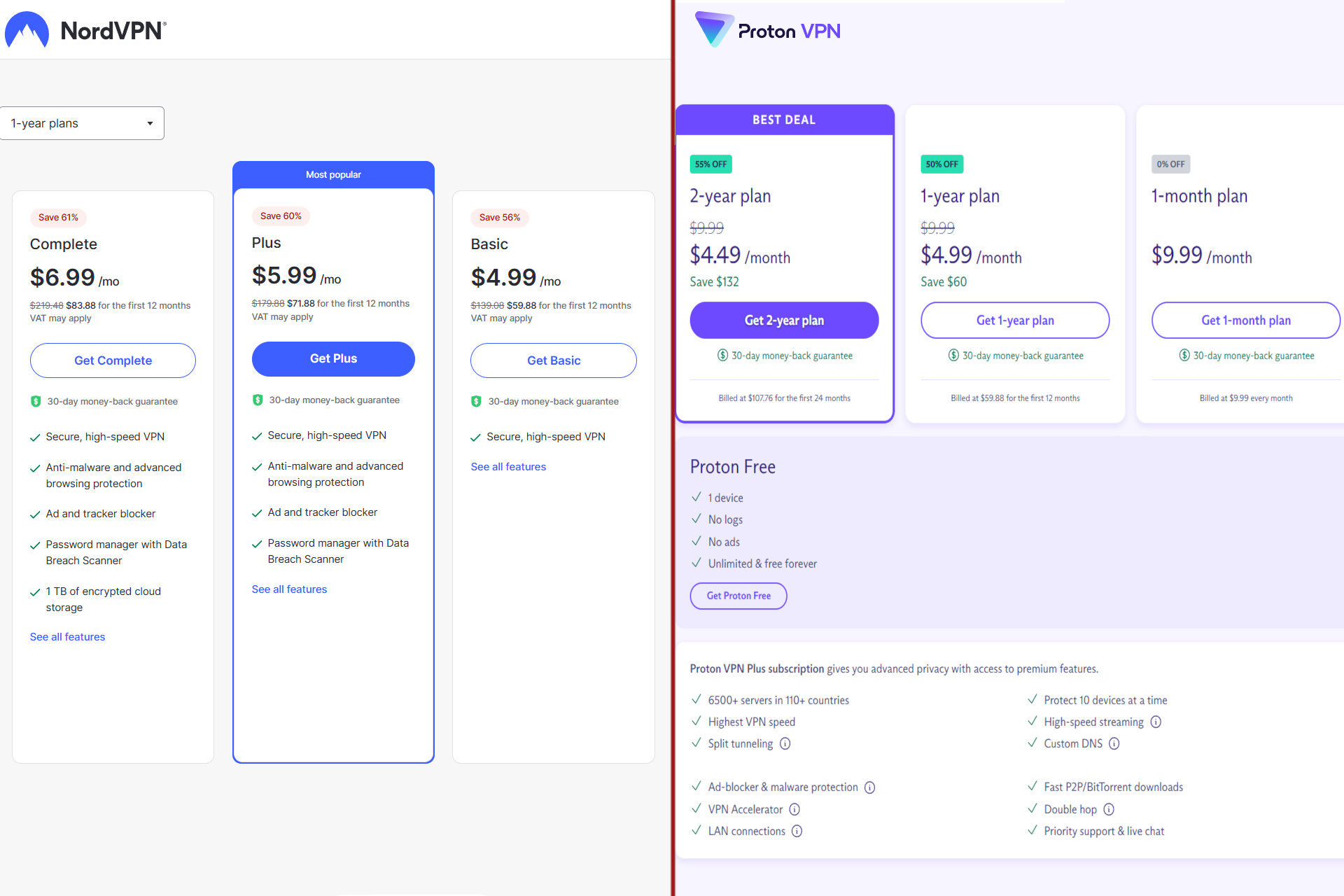 NordVPN and Proton VPN pricing appears in a split-screen.