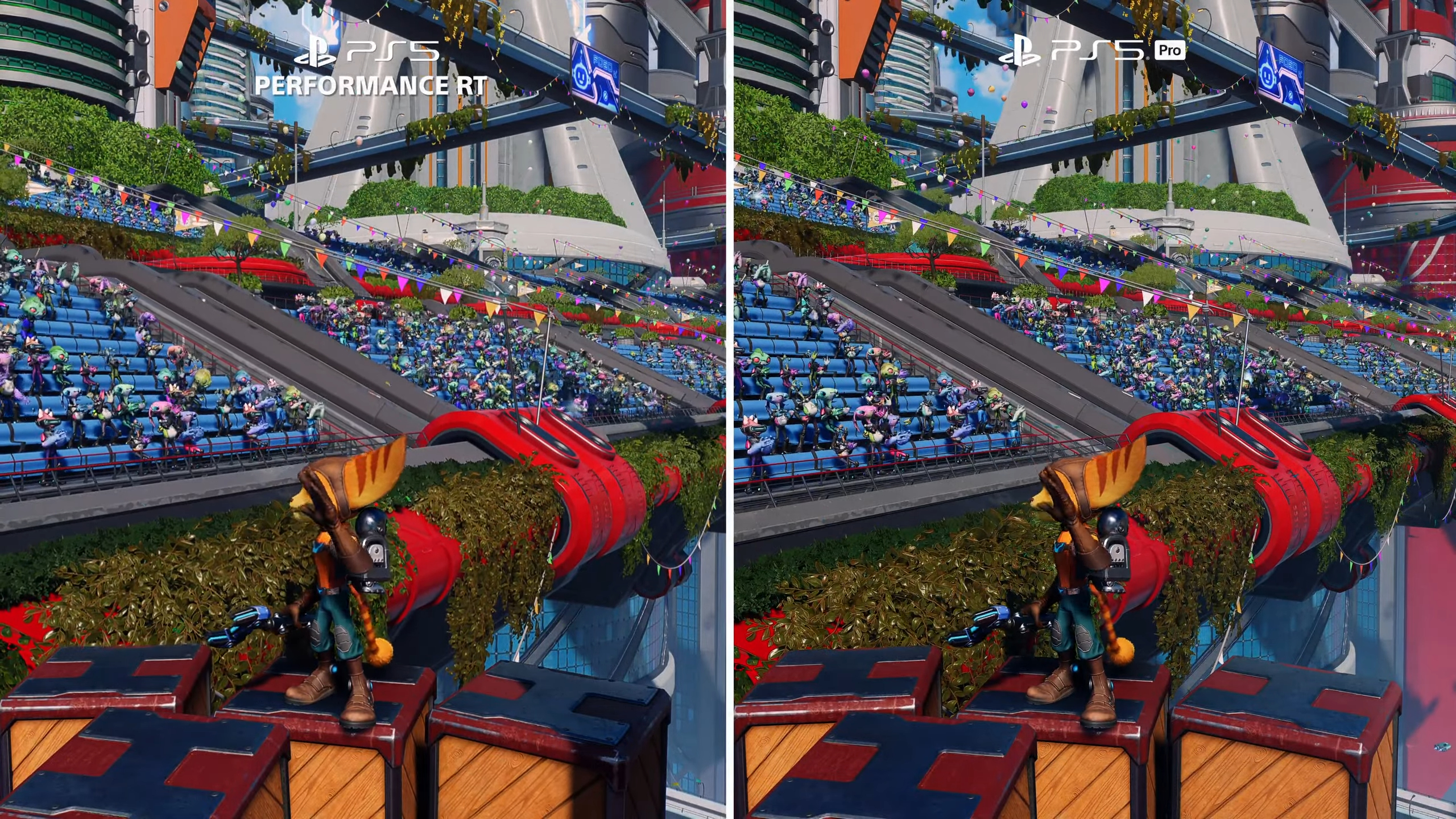 A PS5 and PS5 Pro comparison for Ratchet & Clank: Rift Apart.