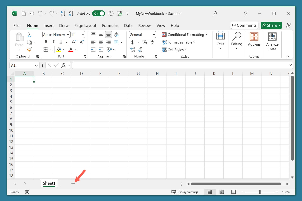 Pluszeichen, um ein neues Blatt in Excel hinzuzufügen.