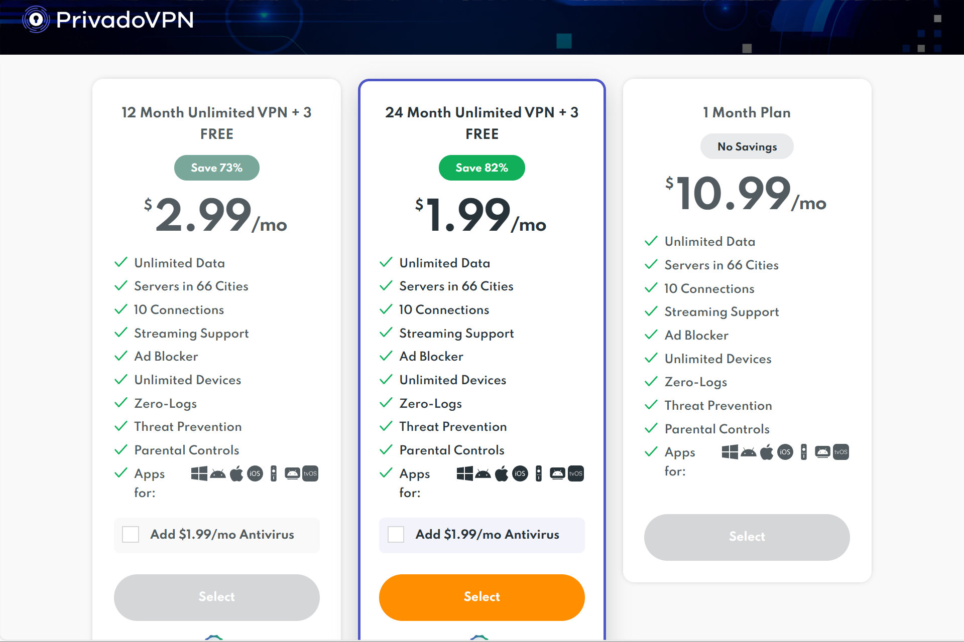 Los precios de PrivadoVPN son muy asequibles y puedes ahorrar más con una suscripción más larga.