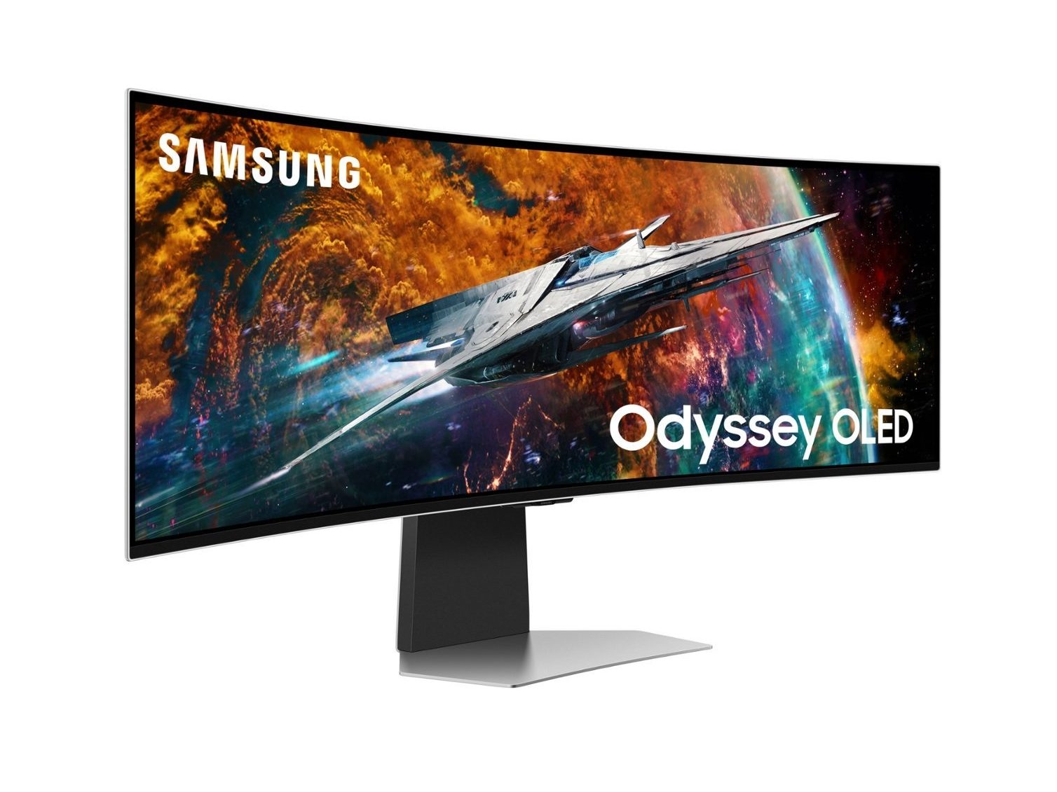 A view of the Samsung Odyssey OLED G9 G95SC that lets you see its curve.